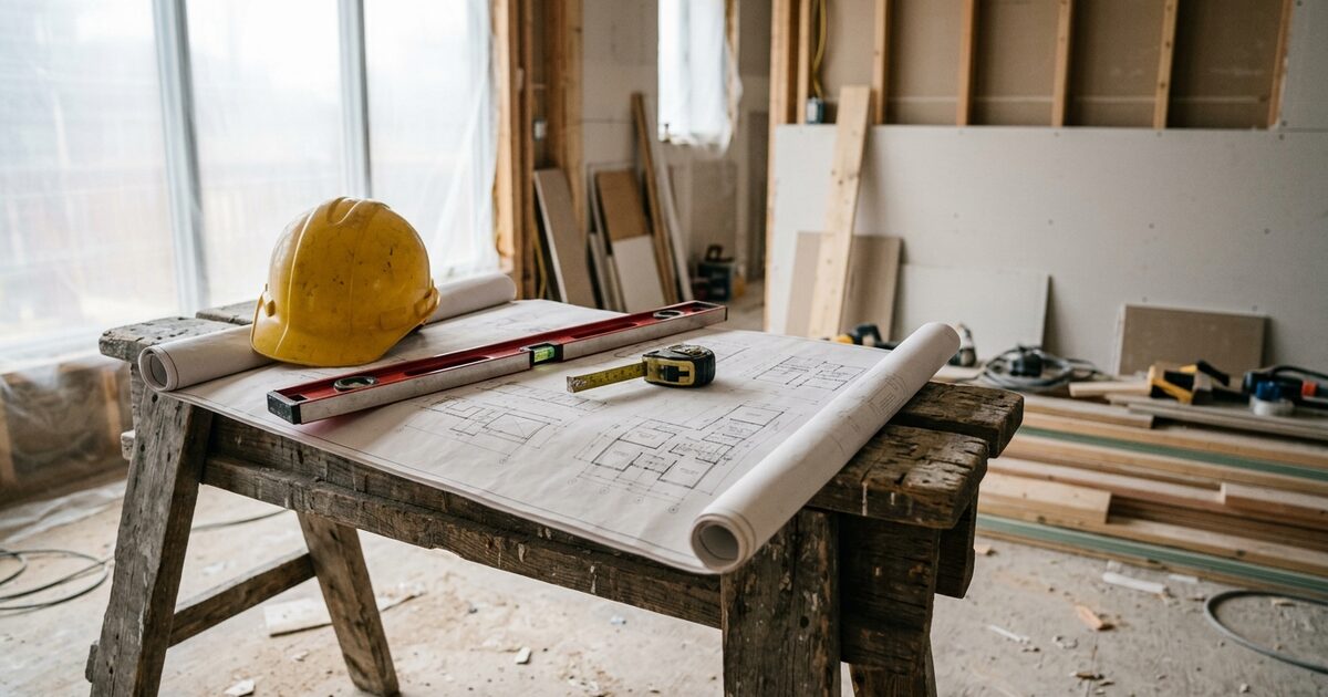 Remodel blueprints, hard hat, level and tape measure on a sawhorse